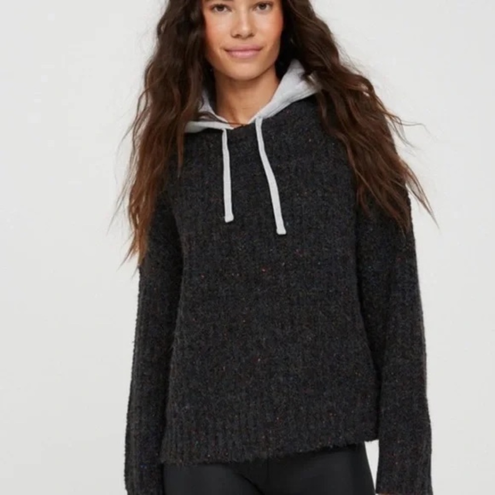 Aerie Off Line Speckled Rib Knit Sweater Hoodie